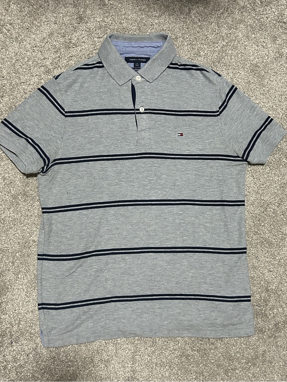 Vintage Tommy Hilfiger Grey Blue Striped Polo Medium Slim Fit